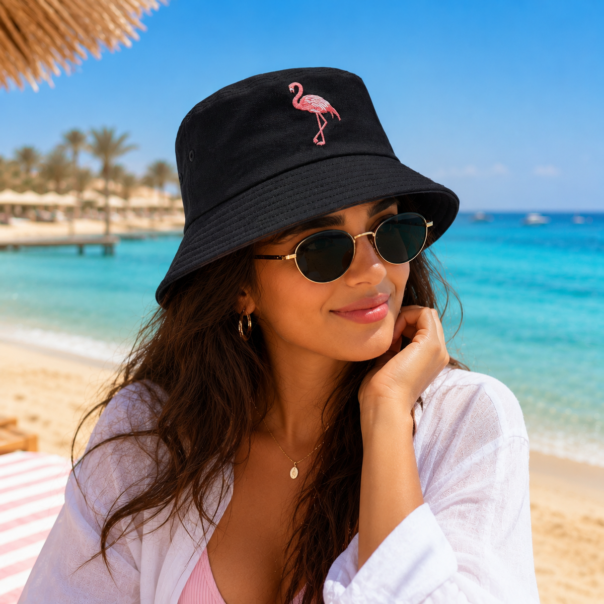 Embroidered Bucket Hat - Flamingo
