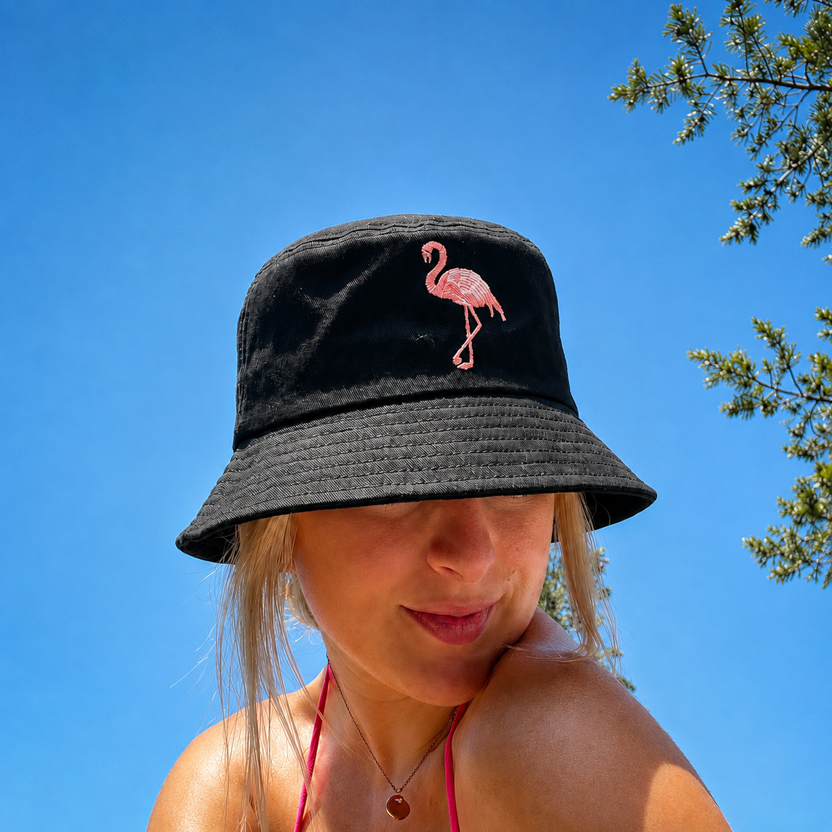 Embroidered Bucket Hat - Flamingo